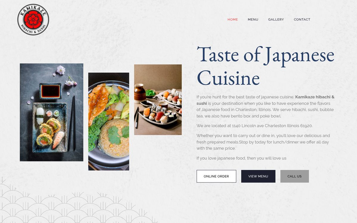 Tampilan website Kamikaze Hibachi & Sushi
