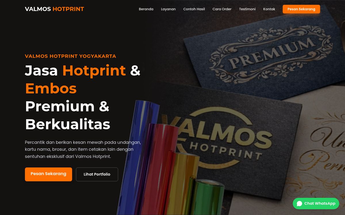 Tampilan website Valmos Hotprint
