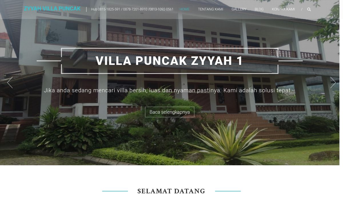 Tampilan website Villa Puncak Zyyah